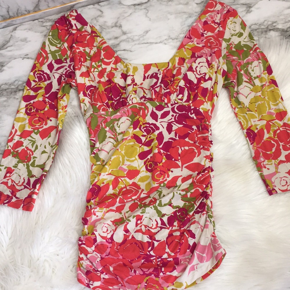 Gorgeous ruched rayon CAbi XS floral 3/4 EUC